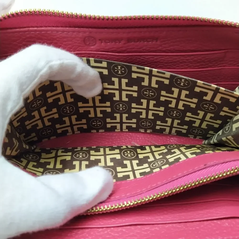 Tory Burch Pink Pebbled Leather Zip Around Credit Card Wallet